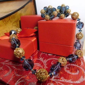 Lisner Gold Filigree Blue Crystal  Necklace Set